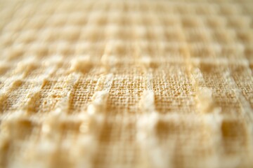Fototapete - This is a macro photograph focusing on the intricate woven texture of a beige fabric, highlighting the grid-like pattern in exquisite detail and softness.