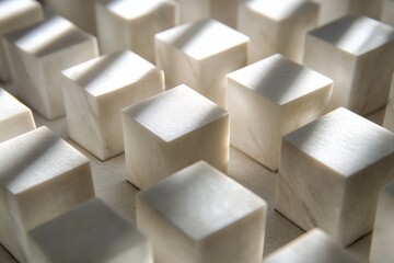 Fototapete - A mesmerizing photographic depiction of stone cubes meticulously organized into a geometric grid, showcasing balance and symmetry through light and shadow interplay.