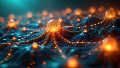 Aufkleber - Abstract tech illustration shows glowing AI neural network. Interconnected web of light. Complex dynamic system. Intricate design. Orange light points to central glowing orb. Dark blue backdrop.