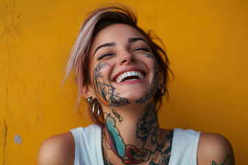 Wall Mural - Young woman with face, neck tattoos smiles broadly. Happy expression on face. Stylish, trendy look. Studio shot against bright yellow background. Modern, artistic photo style. Image full of trendy,