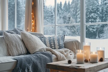 Poster - Cozy Winter Living Room With Snow View