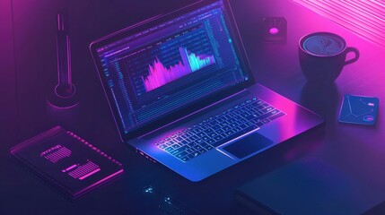 Laptop is on a desk with a notebook and a cup of coffee