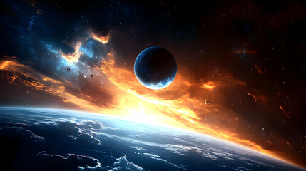 Wall Mural - A Digital Illustration Depicting a Vibrant  Cosmic Landscape with a Blue Planet, Stars, and Fiery Nebulae in the Distance