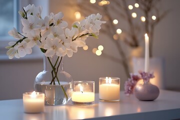 Poster - White flowers in glass vase with lit candles