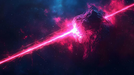 Wall Mural - a cosmic beam of light pierces through a dusty asteroid in a dark space background with a starry nig