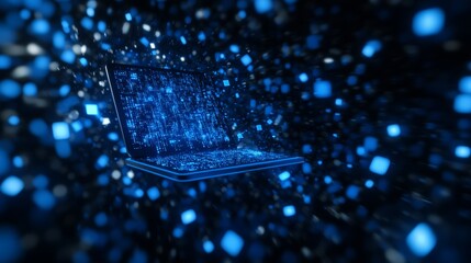 A laptop computer with blue digital code flowing out of the screen against a dark background.