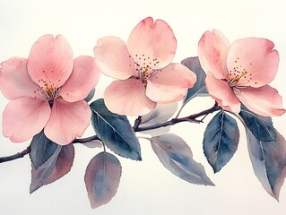 Wall Mural - delicate watercolor cherry blossom branches with soft pink flowers and light green leaves on minimal