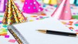 © Anisah - Celebration Party Planning with Blank Notepad and Colorful Party Hats in Vibrant Background for Event Preparation and Organization