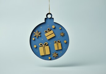 Blue and gold christmas ornament with gifts and snowflakes on pale background