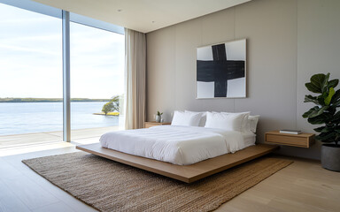 Wall Mural - Modern bedroom with large windows offering waterfront view in a serene location