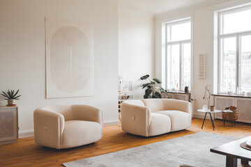 Wall Mural - japandi modern living room featuring stylish armchairs and natural light in a serene urban apartment