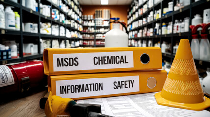 A workspace featuring labeled binders on chemical safety, surrounded by shelves of assorted containers, emphasizing organization and safety protocols.