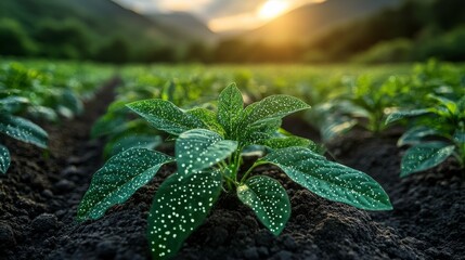 Wall Mural - Lush Green Seedlings Sprouting in Fertile Soil with Dappled Light at Sunrise in a Peaceful Agricultural Landscape Surrounded by Majestic Mountains