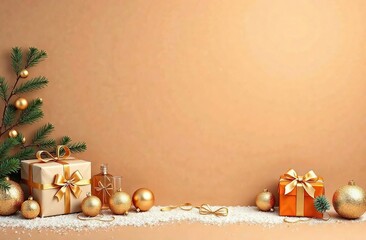 Wall Mural - New Year's banner with Christmas gift boxes and gold and silver decorations on a khaki background. Boxes and decorations are located to the left of the photo. A place for the text.