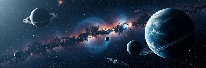 a futuristic spaceship explores a colorful galaxy filled with magnificent planets, destination, expl