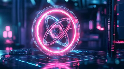 Wall Mural - glowing atom, energy in a dark space.