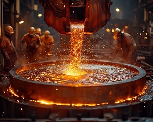 Poster - Molten Metal Pouring at Bustling Steel Mill with Protective Workers Amidst Glowing Sparks