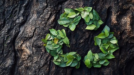 Wall Mural - Green Leaves Forming Recycling Symbol On Tree Bark