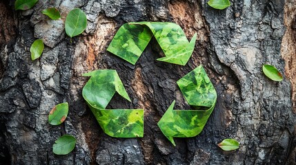 Wall Mural - Green Leaves Forming a Recycle Symbol on Tree Bark