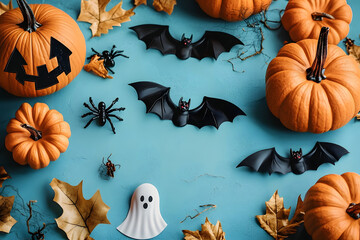 Canvas Print - halloween holiday frame with party decorations of pumpkins, bats, ghosts, spiders on blue background