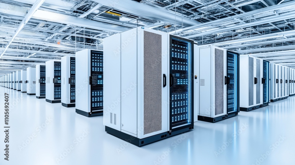 Modern data center with rows of server racks in a clean, brightly lit ...