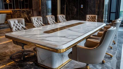 Wall Mural - A large, marble conference table with gold trim, exuding luxury and sophistication. The elegant table is paired with leather chairs,