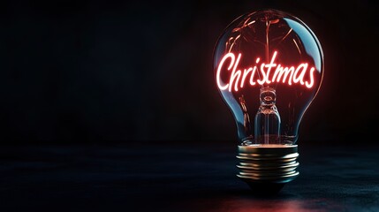 Wall Mural - warm christmas text inside glowing light bulb on dark festive background
