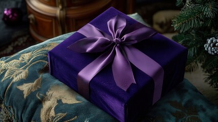 Wall Mural - A luxurious Christmas gift box wrapped in deep purple velvet, with a satin ribbon. The gift sits on a plush holiday-themed pillow, adding a touch of elegance to the scene