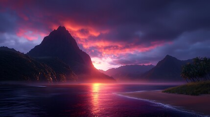 Wall Mural - Breathtaking Beach Landscape at Sunset with Mountains and Reflections in Calm Water, Capturing the Essence of Nature's Beauty and Serenity