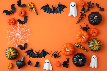 Wall Mural - Halloween holiday frame with party decorations from pumpkins, bats, spider web and ghosts top view. Happy halloween greeting card on orange background.