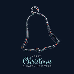 Wall Mural - simple christmas card template with white christmas bell decoration and blue and red dots on dark bl