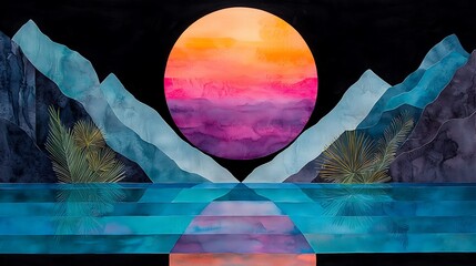 Wall Mural - Vibrant Watercolor Landscape Featuring Tropical Mountains, Reflective Water, and a Bright Sunset in Rich Color Palette of Pink, Blue, and Yellow Hues