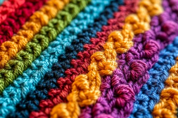 Fototapete - A vibrant close-up presenting a multicolored crochet pattern, highlighting the intricate design and rich diversity of yarn colors, reflecting creativity and aesthetic appeal.