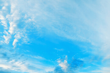 Wall Mural - blue cloudy sky background, amazing blue sky landscape with cumulus fluffy clouds lit by evening sun