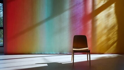 Wall Mural - chair in colored background wall in open space with sunlight from window seamless looping overlay 4k virtual video animation background