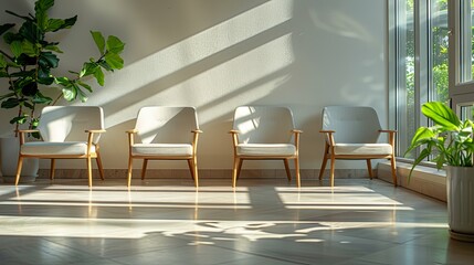 Wall Mural - Four light-grey chairs in a sunlit waiting area, flanked by potted plants.