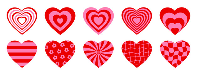 Poster - Vector set romantic hearts in pink and red colors. Retro background in style 70s, 80s. Concentric hearts isolated icons