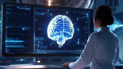 Woman Scientist Analyzes 3D Brain Model on Futuristic Computer Interface in a High-Tech Laboratory, Exploring Neuroscience and AI