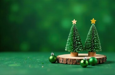 Wall Mural - on the green area there are 2 small souvenir christmas trees, without toys, on discs made of cut tre