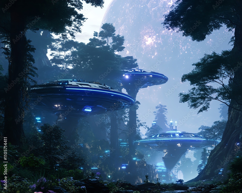Side view of an ancient forest intertwined with sleek research labs ...
