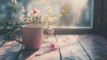 Wall Mural - Pink Mug Flowers Wooden Table Morning Light