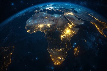 vibrant city lights illuminate africa from a satellite perspective, showcasing the continent's urban