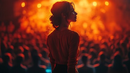 Poster - Confident Businesswoman Presents Her Startup s Success on Stage with Glowing Projections