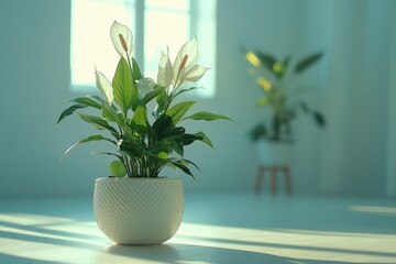 Wall Mural - indoor plant decor, peace lily plant in a white pot set against a light and airy scandinavian-themed interior