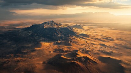 Wall Mural - Majestic Aerial View of Serene Mountain Landscape at Sunset with Golden Desert Terrain and Dramatic Cloudy Sky in the Background Enhancing Natural Beauty