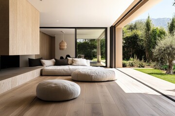 Poster - A spacious, minimalist living room with a sunken sofa, wooden flooring, and large windows overlooking a lush garden, embodying tranquility and luxury.