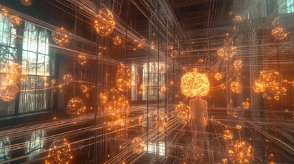 mesmerizing glowing orbs illuminating abstract futuristic backdrop of radiant geometry and light
