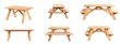 © Bundi - A wooden picnic table with a transparent background. A modern and realistic illustration of brown garden furniture, including a desk and bench, suitable for outdoor BBQ dinners in parks or street
