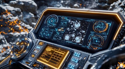 Futuristic spaceship cockpit with advanced displays and controls in a rocky environment.