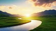 © ADD PHOTO - Stunning Scenic Landscape with Mountain River and Vibrant Sunset Sky